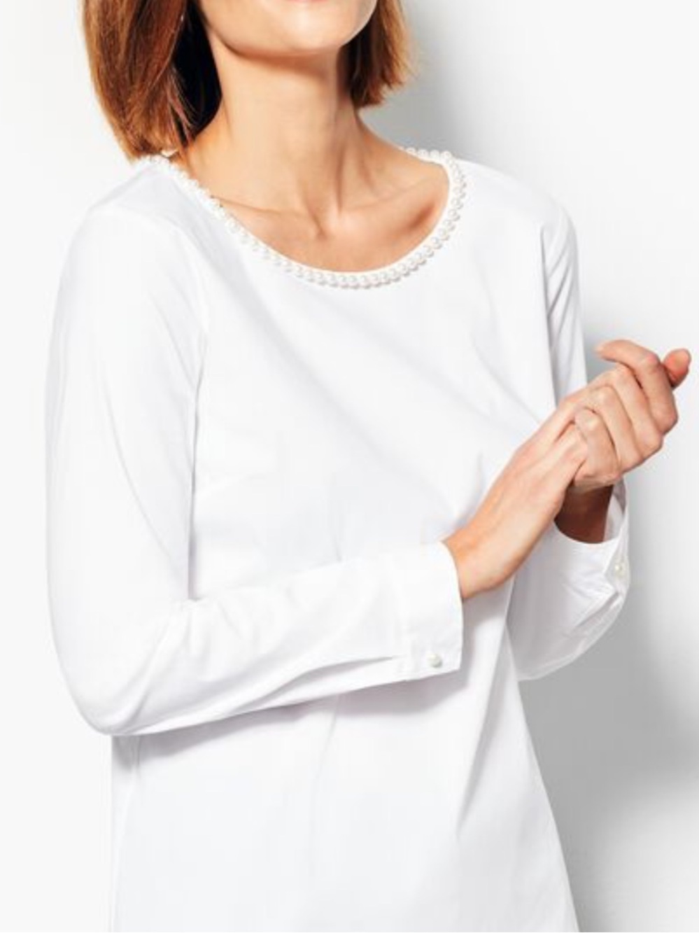 Talbots White Long Sleeve Top with Pearl-Trim Neckline